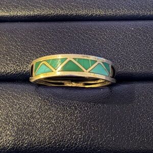 Vintage Sterling Silver Ring Band Turquoise Inlay Triangle Pattern Size 9